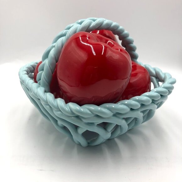 Grace's Pantry Light Blue Hand Woven Ceramic Basket With 4 Faux Apples - Picture 12 of 15